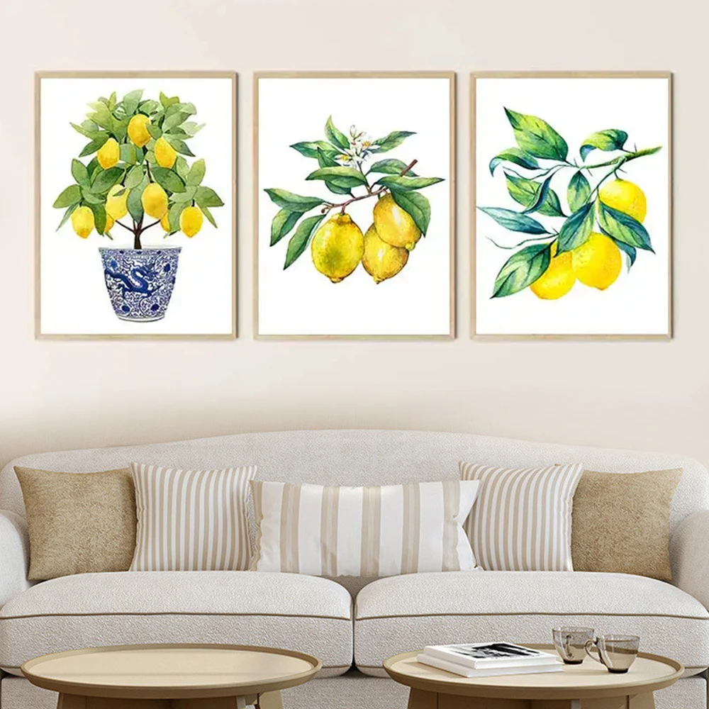 

Korean Modern Lemon Set Of 3 Prints Poster Bonsai Canvas Wall Art Posters Blue White Willow Tree Kitchen Painting Office Decor