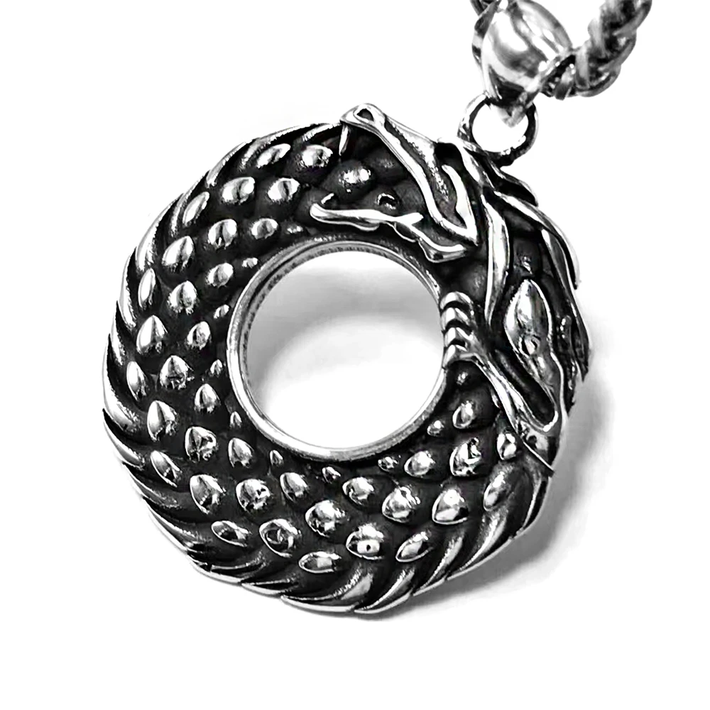 Collier Dragon Viking Midgard - Chaîne Serpent En étain Argenté Avec Cordon Noir - Occasion