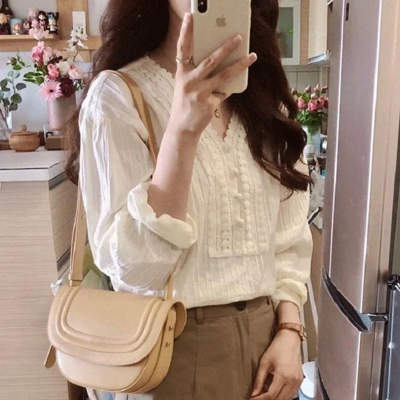 White Cotton Long Sleeve V Neck Women Blouse