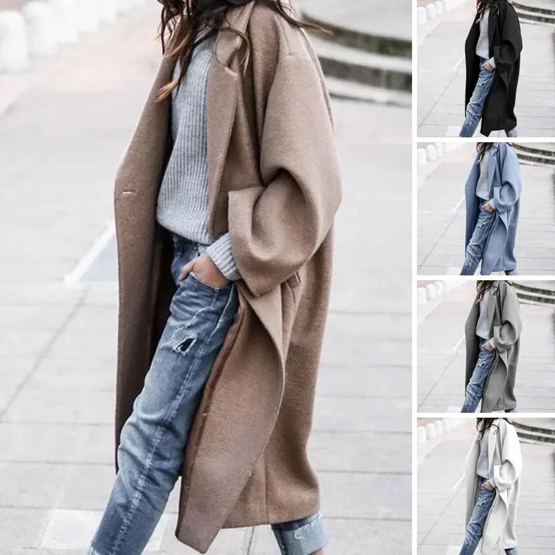

Simple Windbreaker Jacket for Women 2023 Fashion Korean Autumn Winter Thermal Lapel Woolen Trench Coat Large Size Loose Overcoat