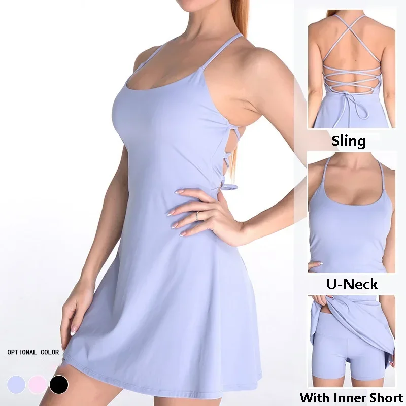 Ladies Sexy One Piece Yoga Tennis Dress Pads Sling Backless Athletic Gym High Elastic Quick Dry Running Skirt