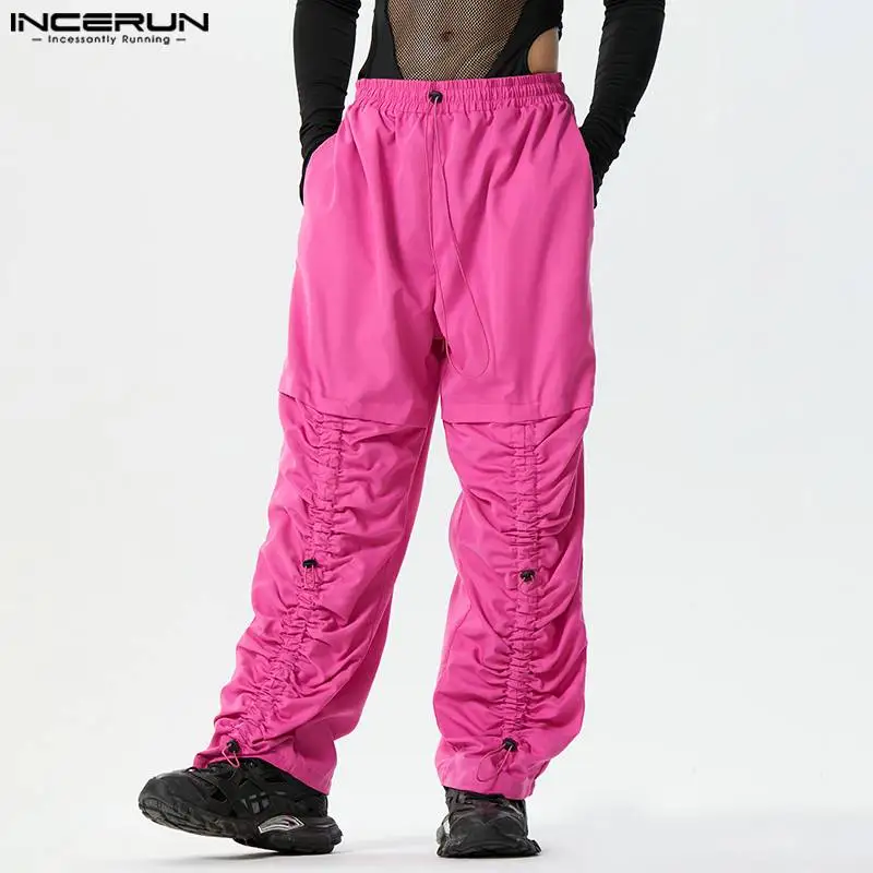 

INCERUN Men Cargo Pants Solid Color Drawstring Pleated Casual Trousers Men Streetwear Joggers Loose 2024 Fashion Pantalon S-5XL