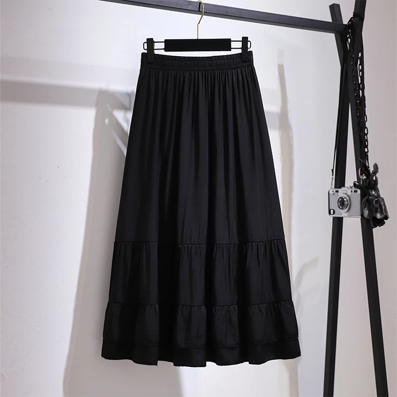 

Plus-size women's spring casual skirt Black commuter party dress nylon and rayon fabric loose comfortable all-in-one version