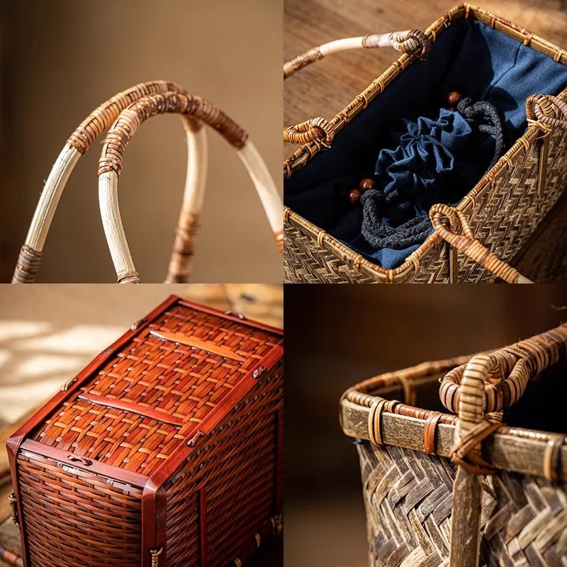 Handmade Bamboo Weaving Bag Chinese Vintage Zen Tea Dress Match Rattan Basket Tea Art Tools Storage Pouch Ladies Handbag Purse