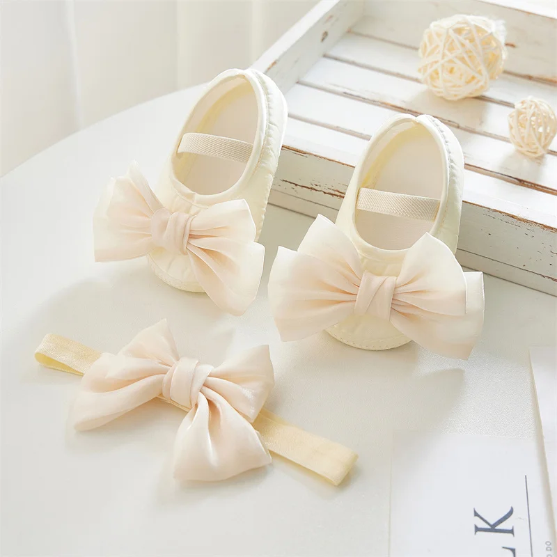Baby Girls Baptism Shoes and Headband Sets Bog Bowknot Flats Infant Crib Shoes Newborn Casual Princess Shoes