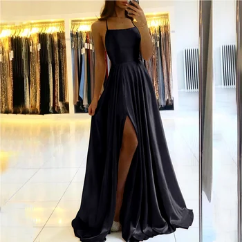 Ladies Black A-line Long Satin Evening Dresses For Women 2024 Spaghetti Straps Sexy Slit Cocktail Prom Party Gowns Vestidos