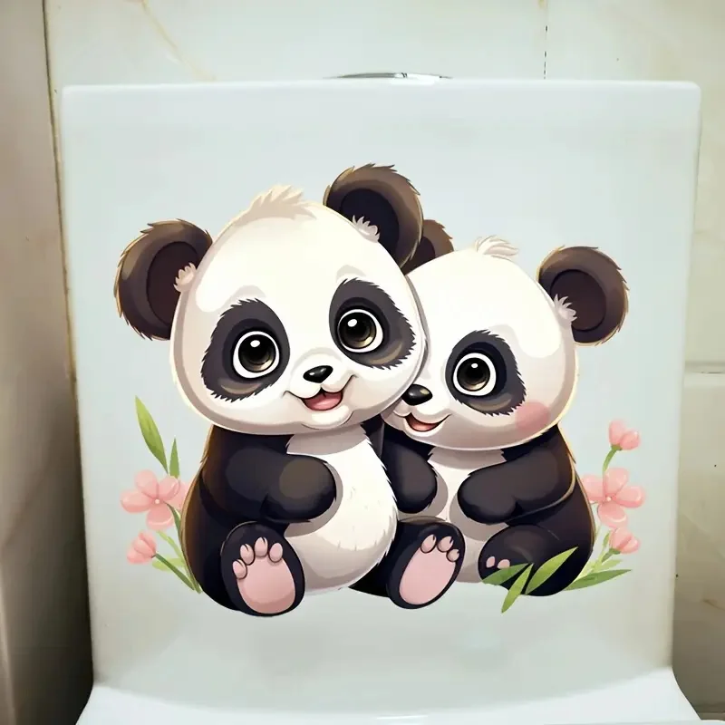 Two Cute Panda Toilet Stickers, Bright Bathroom for Home Decoration, Vinyl Animal Decals, Art Wall Paper, Poster