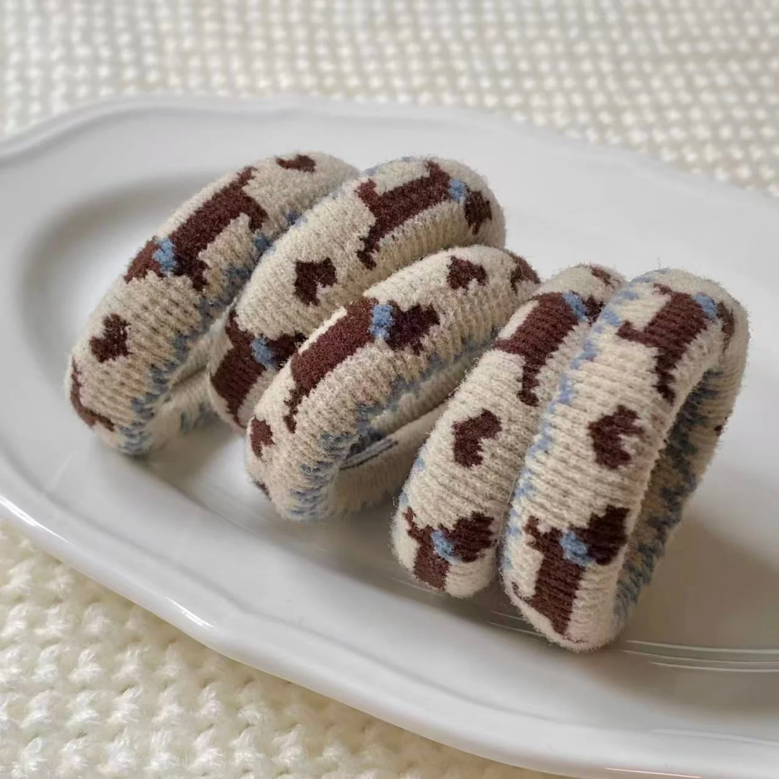 1PC Knitted Hair Ties For Women Autumn Winter Vintage Polka Dot & Animal Print Elastic Hair Bands Fashion Hair Accessories