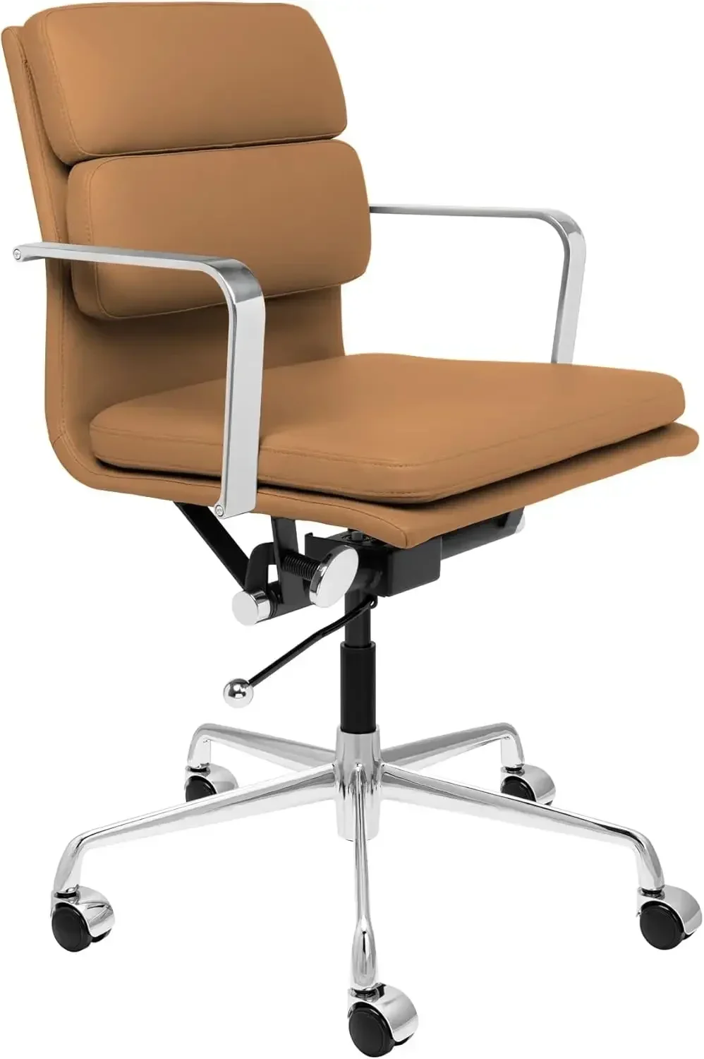 "mid-back ergonomic office chair with padded seat, armrests, swivel, and faux leather upholstery"