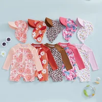 Tregren-Maillot de bain à manches longues pour fille, imprimé floral/flamant rose, demi-fermeture éclair, protection anti-éruption avec chapeau de soleil, vêtements de plage pour bébé 1