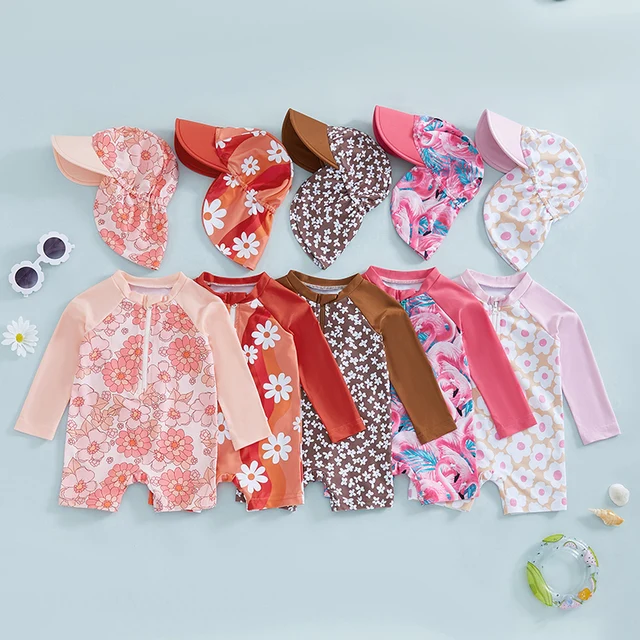 Tregren-Maillot de bain à manches longues pour fille, imprimé floral/flamant rose, demi-fermeture éclair, protection anti-éruption avec chapeau de soleil, vêtements de plage pour bébé 1