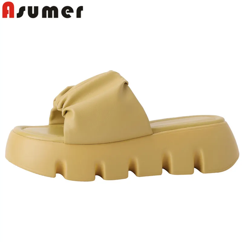 

ASUMER 2024 New Concise Microfiber Summer Shoes Solid Ladies Pleated Slippers Woman Flat With Heels Platform Slippers