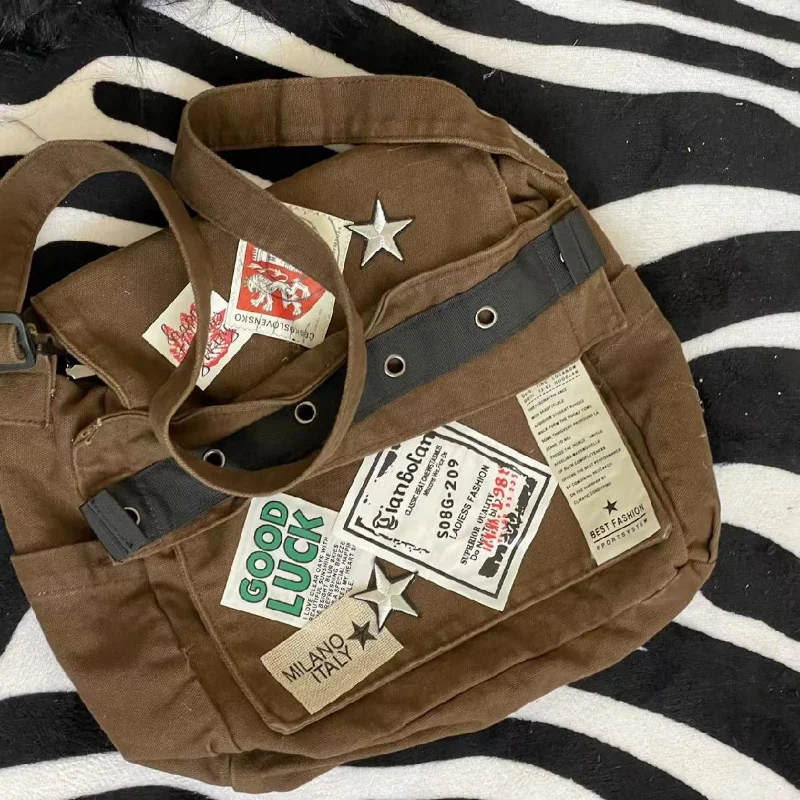 Canvas Bag Women Messenger Bag MBTI Vintage Y2k Messenger Bag for Women Canvas Star Patch Students School Crossbody Bags American Fashion Retro Female Handbags