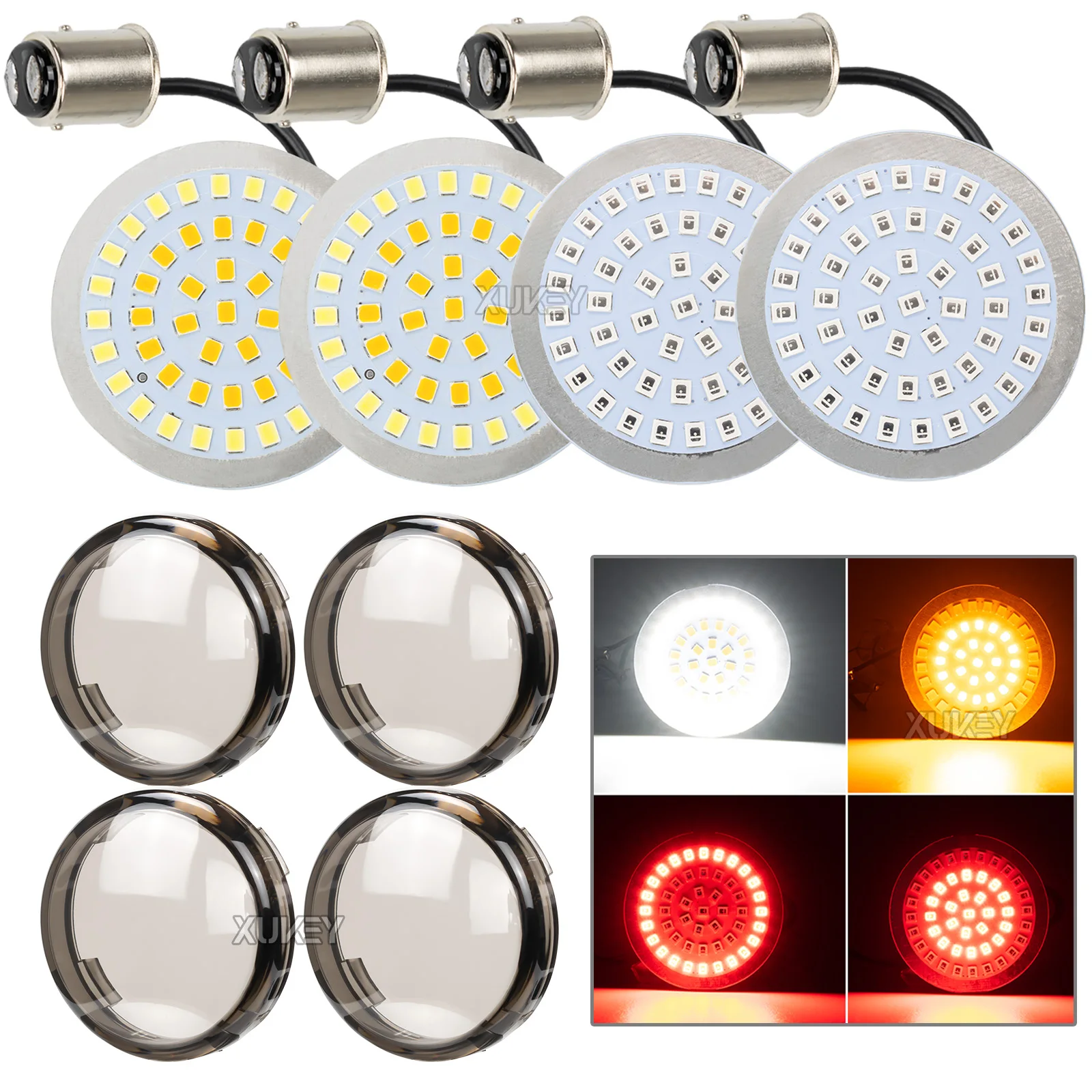 

1157 светодиодный ные поворотные сигналы, передние и задние 48 Светодиодный ные лампы, комплект крышек для дымовых объективов, совместимый с Harley Touring Dyna Softail Sportster