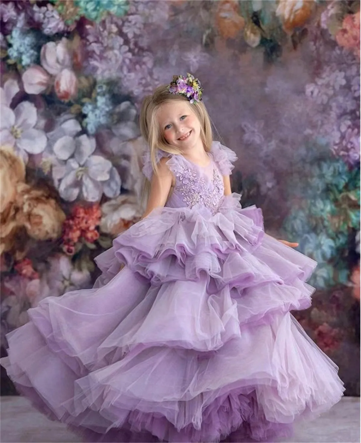 

Purple Tulle Puffy Layered Flower Girl Dress For Wedding Beading Applique Kids Birthday Party Pageant Child's Eucharistic Dress