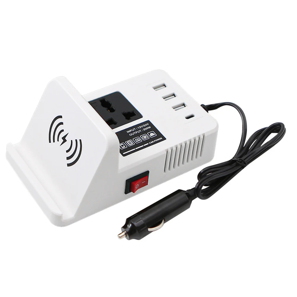 12V/24V에서 220V로 변환하는 차량용 파워 인버터 다중 USB 타입 C 포트 무선 충전 200W 출력 자동차 차량 충전 어댑터