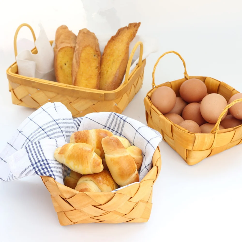 Desktop Storage Basket Fruit Vegetable Basket Bread Basket Hand Woven Bamboo Picnic Basket With Handle Sundries Organizer Decor 5