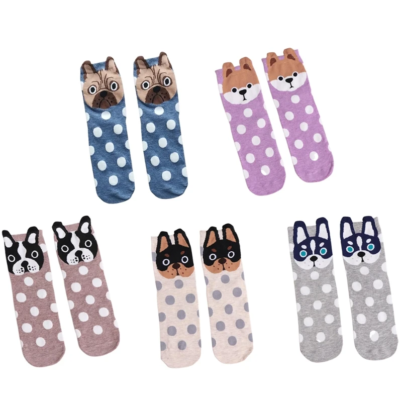 

Unisex Funny Cartoon Puppy Dog Socks Harajuku 3D Animal Ears Polka Dot Print Breathable Cotton Tube Hosiery