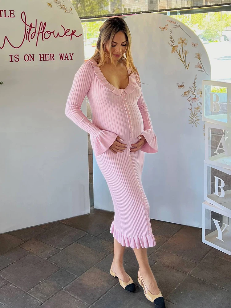 Ruffled Knit Long Dress For Women Lapel Slim High Waist Single Breasted Sweater Maxi Dress Elegant Ladies Party Dresses