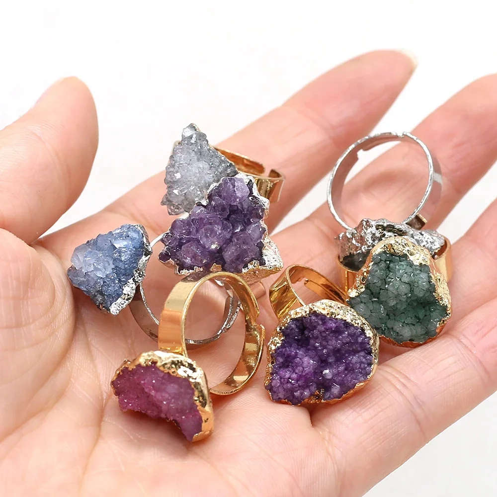 1 Pc Boho Exclusive Natural Stone Irregular Druzy Ring Gold Color Druzy Open Finger Rings for Women Party Jewelry gold color rings,finger ring,gold color ring,opening ring,adjustable rings