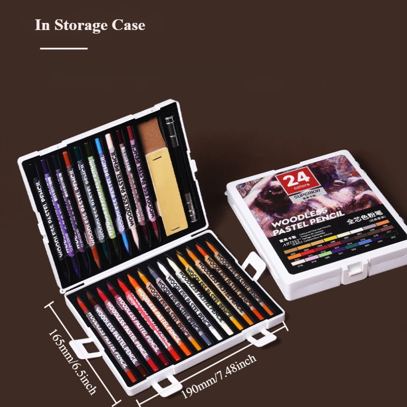 Woodless Pastel Pencils 24 Colors 7mm Core Artist Grade Chalk Charcoal Pencil Great Blending and Layering Sketching in Case 4