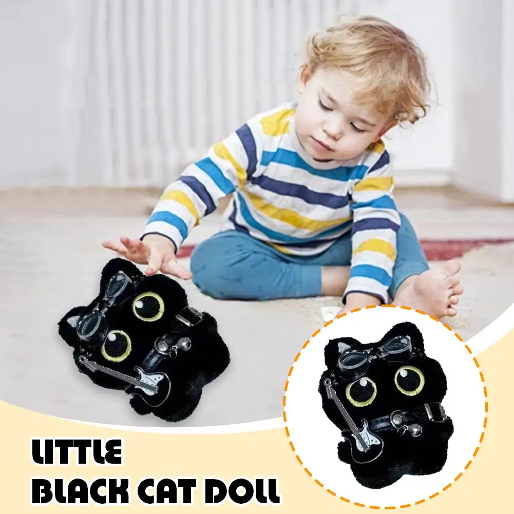 Black Cat Doll Pendant Punk Cute Rock Collar Guitar Plush Toy Holiday Birthday Gift Baby Pendant Keychain 15cm