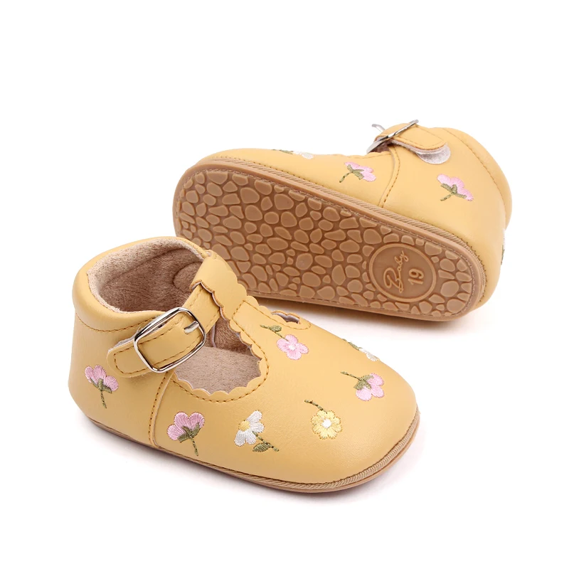 Embroidery Flower Baby Girls Shoes Premium Flats Rubber Sole Anti-slip Toddler Infant First Walkers PU Leather Crib Shoe 4