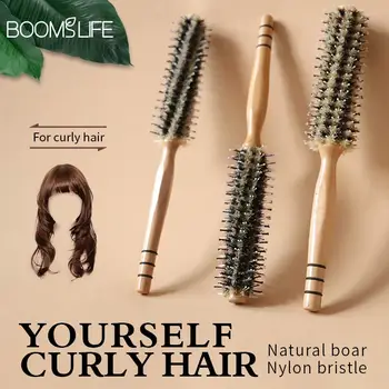 Natural Boar Bristle Rolling Brush Barber Hair Roller Wood Hair Brush Round Barrel Hair Comb for Women Curly Hair Hairdressing