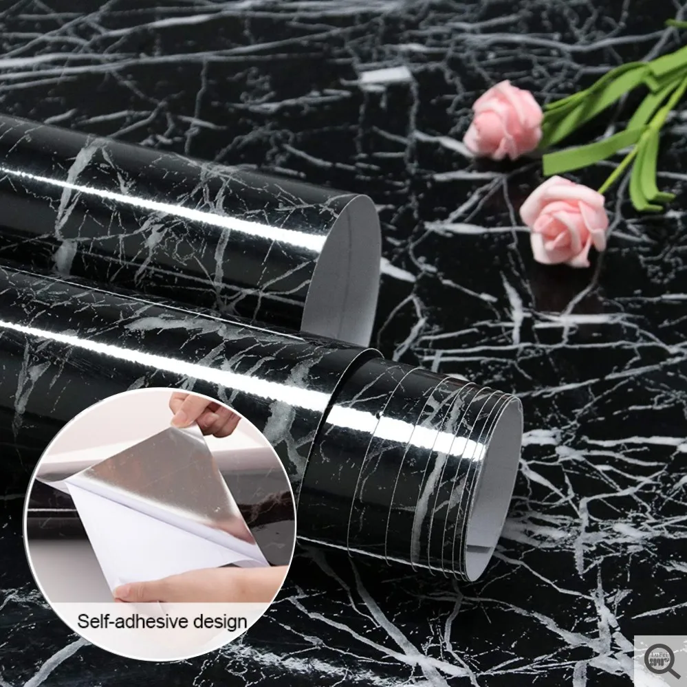 Black Marble Paper Self Adhesive Wallpaper Vinyl Oil Proof Waterproof Gloss Granite Paper For Furniture Cover Surface Kitchen 53 5x5 6x1cm heat resistant dust proof kitchen stove counter gap cover anti dirty sealing rubber strip крышка щели