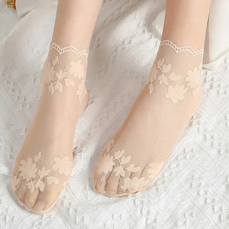New 2024Socks Women's Lace Transparent Lolita Invisible Summer Thin Non-slip Short  Ankle Black Low Cut Boat Sock 5PCS