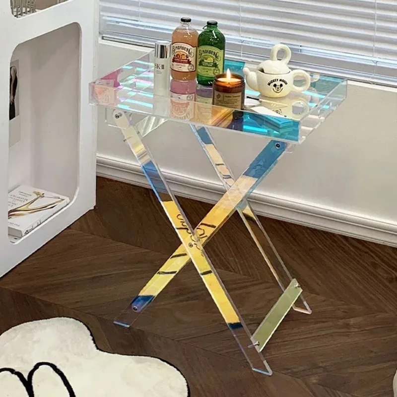 Nordic home decoration transparent acrylic folding sofa side table small portable square coffee table storage rack