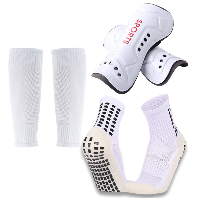 Anti Slip Grips Socks and Shin Guard & Sleeve Set for Football Soccer Basketball Leg Support Protection Gear 3 Pieces Set