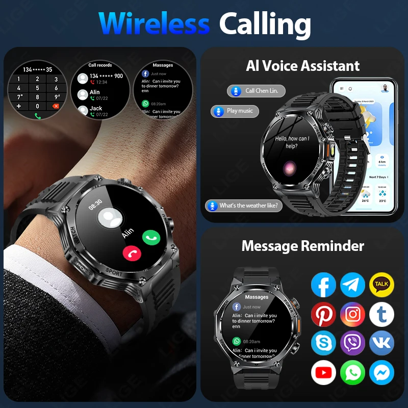 LIGE New Smart Watch Men 800mAh Ultra Long Battery Life Waterproof Outdoor Sport Watches Bluetooth Call Military Smartwatch 2025 5