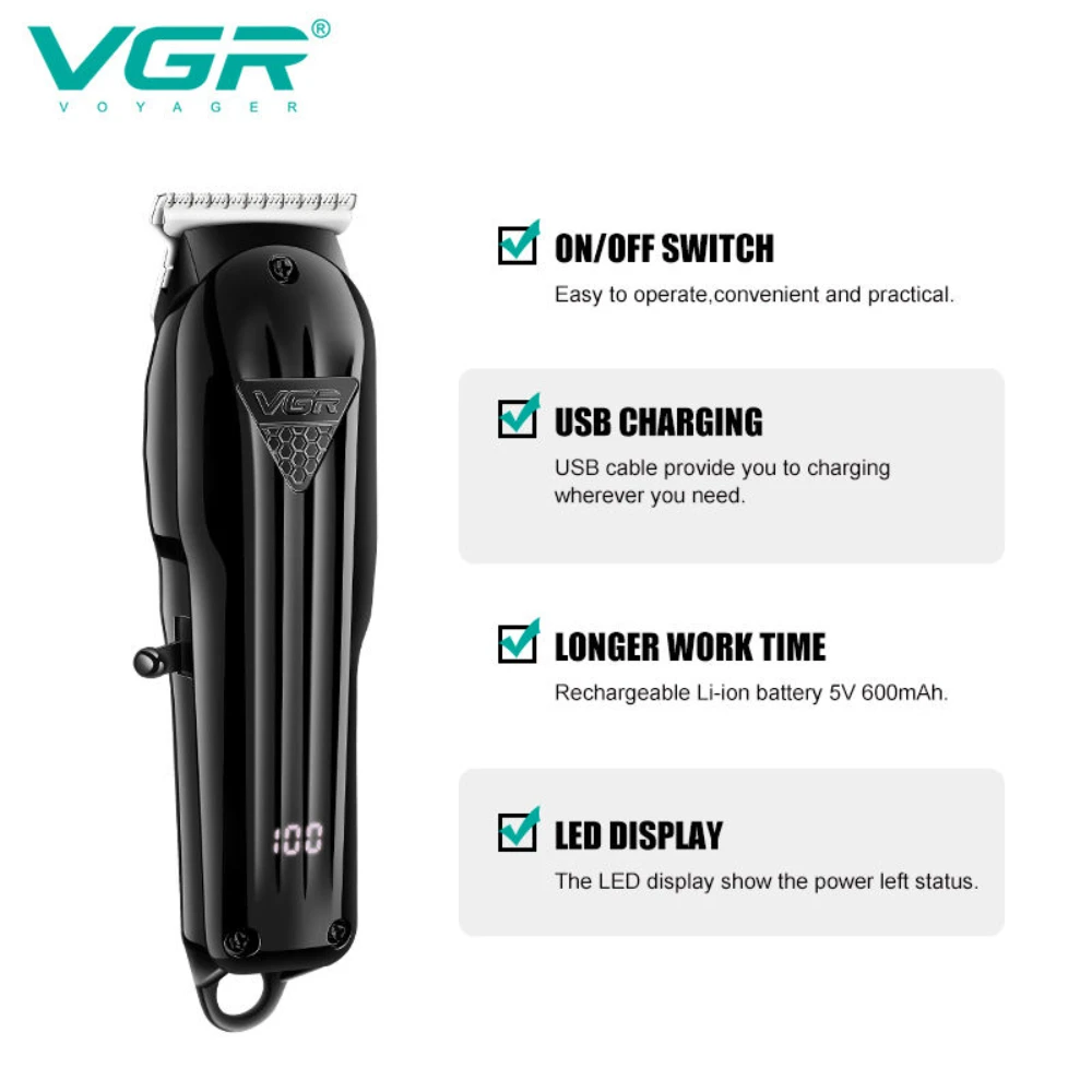 VGR 남성용 전문 헤어 클리퍼, 전기 T-블레이드 헤어 커팅 머신, 0mm LED 디스플레이, 이발 트리머, V-982