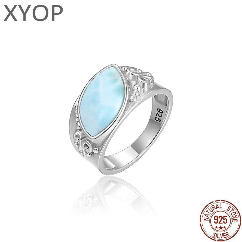 925 Sterling Silver Natural Gemstone Larimar Ring Ocean Larimar Retro Ring For Women Party