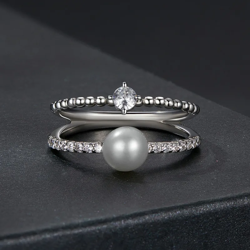 Bamoer U Pearl Moissanite Ring Double Layer Twisted Finger Ring Round Cut Diamond Original Gift S925 Sterling Silver Jewelry 5