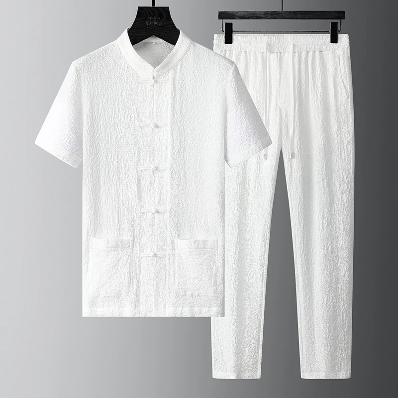 Summer high-end new Chinese style retro disc buckle casual suit men's pleated breathable Chinese style short sleeve two-piece su