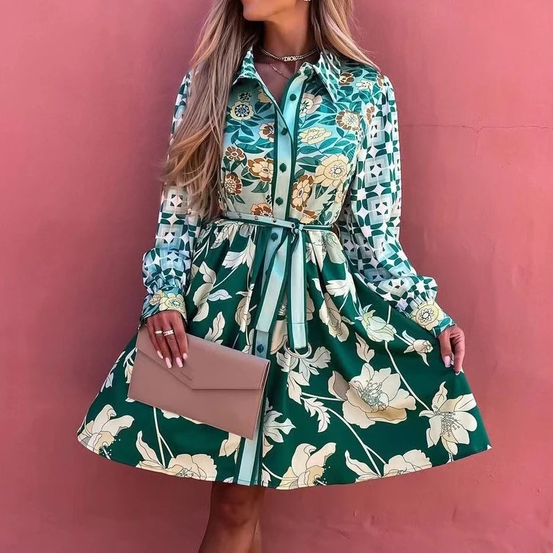 2022 Single Breasted Sexy Dress Summer Female Fashion Boho Floral Printed Long Sleeve Knee