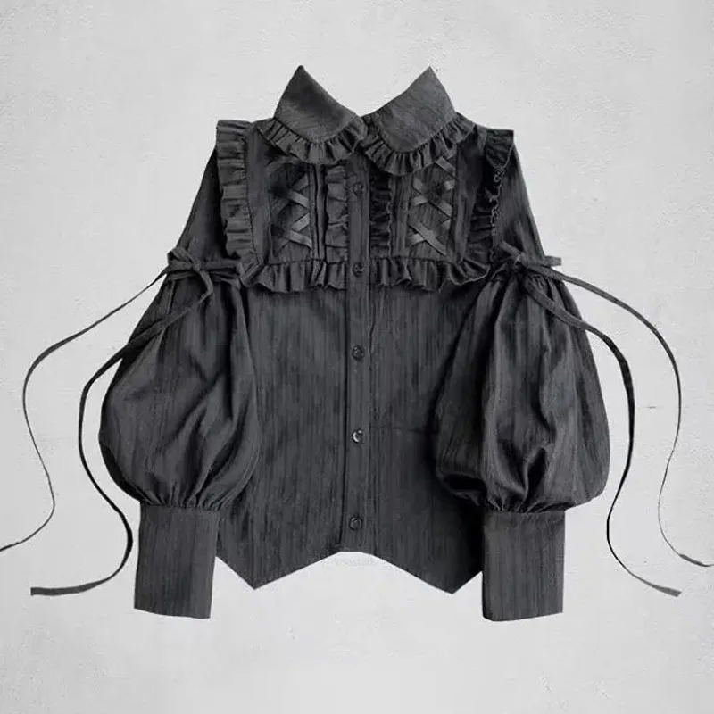 Sweet Ruffles Lolita Blouses Japanese Women Gigot Sleeve Basic Cotton Button Up Vintage Gothic Kawaii Tops