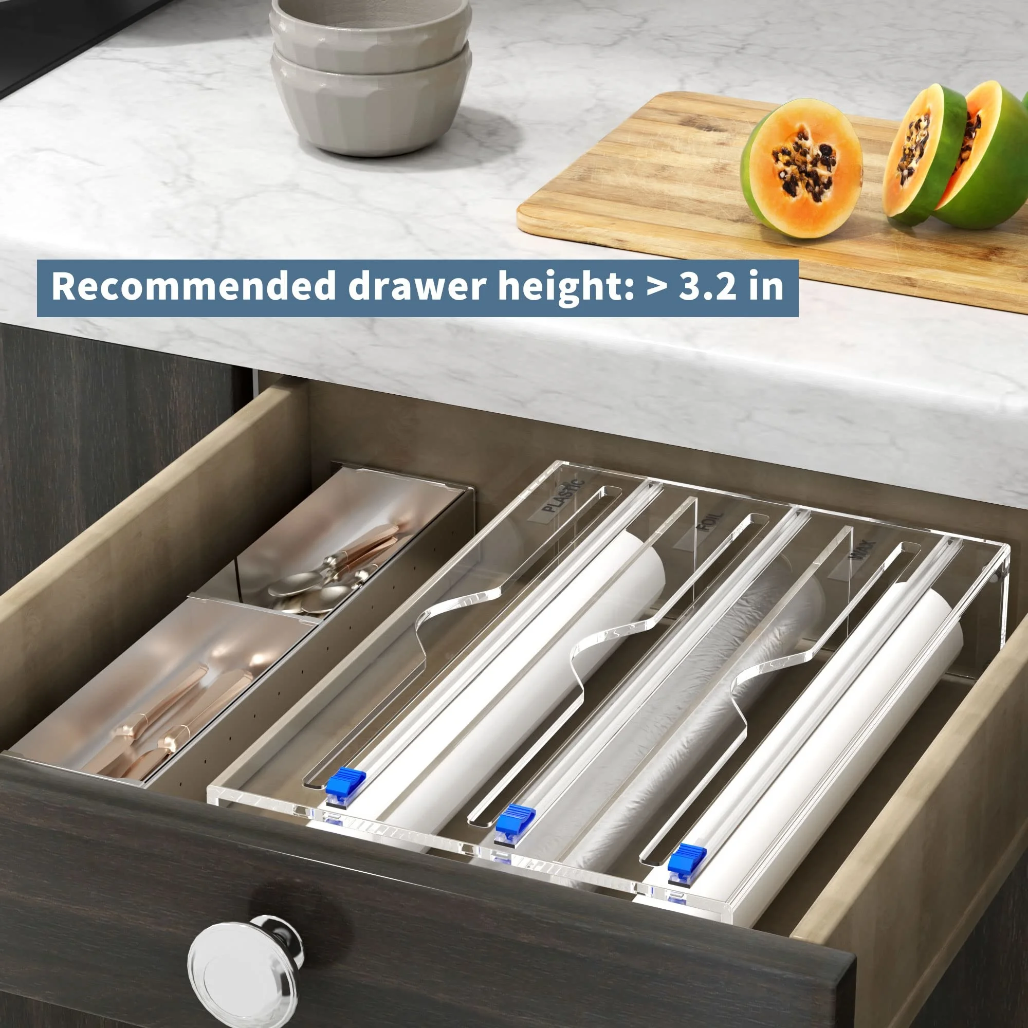 주방 서랍용 플라스틱 랩 디펜서, 식품 랩 접착 필름 보관 정리함, 아크릴 호일 정리함, 3 in 1