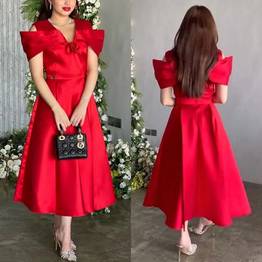 цена Prom Dress Saudi Arabia Satin Flower Draped Christmas A-line Off-the-shoulder Bespoke Occasion Gown Midi Dresses