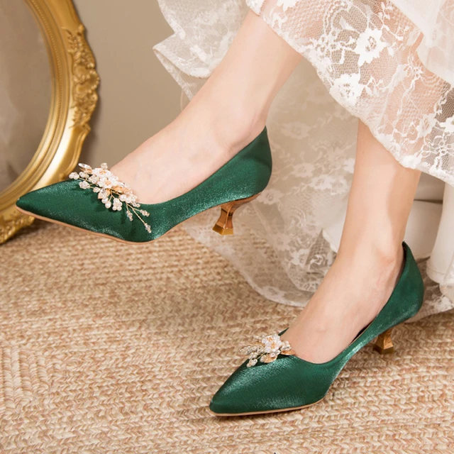 Zapatos de tacón bajo de seda verde para mujer, calzado de tacón fino sin  cordones, con flores, para fiesta, 2023 - AliExpress