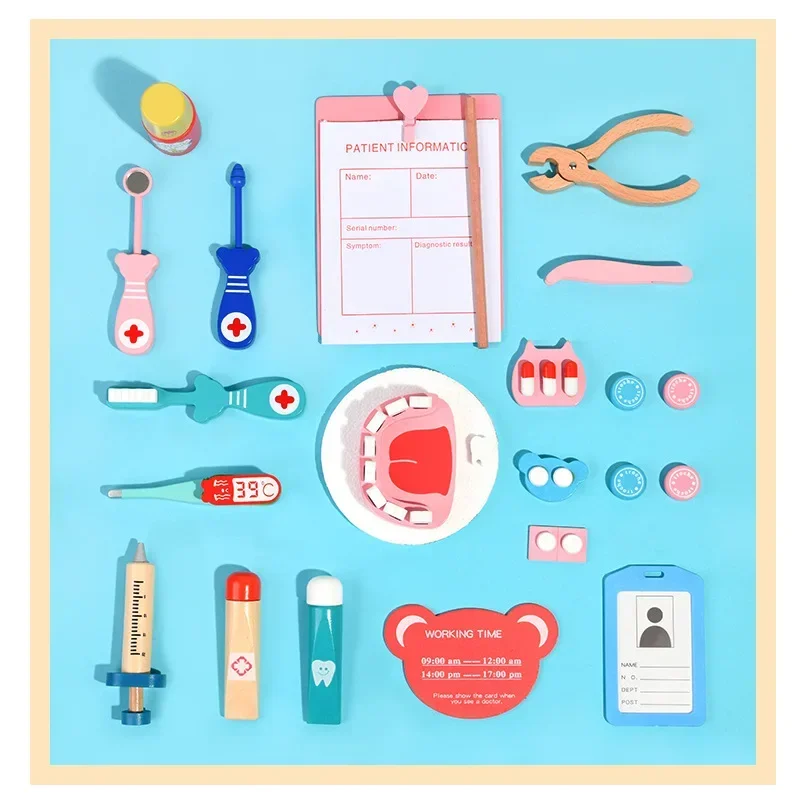 Doctor Toys for Children Set Kids Wooden Pretend Play Kit Games for Girls Boys Red Medical Dentist Medicine Box Cloth Bags Gifts 3