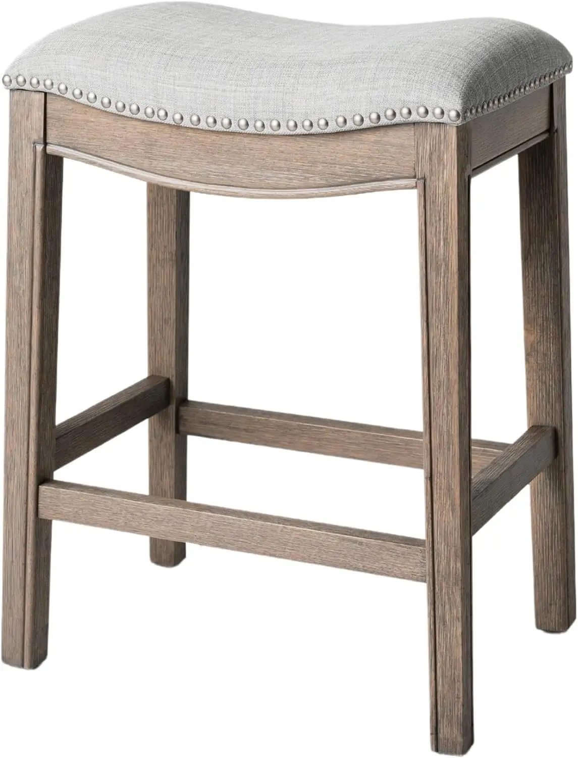 26" Wood Counter Height Stool - Handcrafted Reclaimed Oak Finish with Ash Grey Fabric Upholstered Saddle Seat