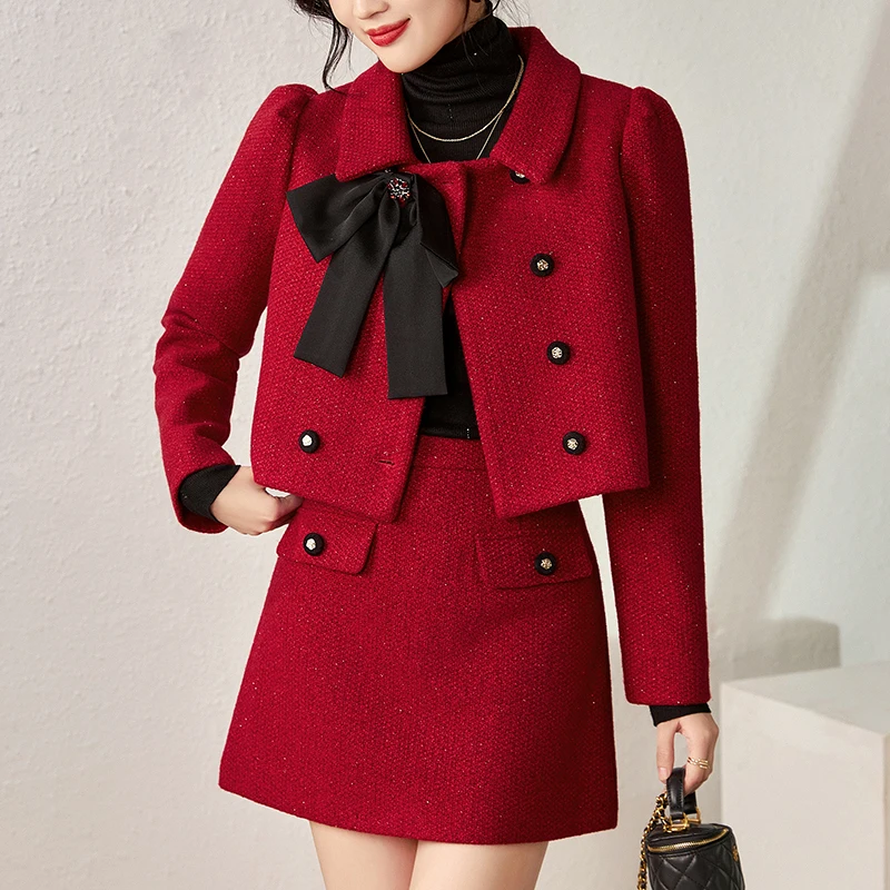 

Женский твидовый костюм с юбкой, элегантный комплект из двух предметов: короткая куртка с длинным рукавом и мини-юбка