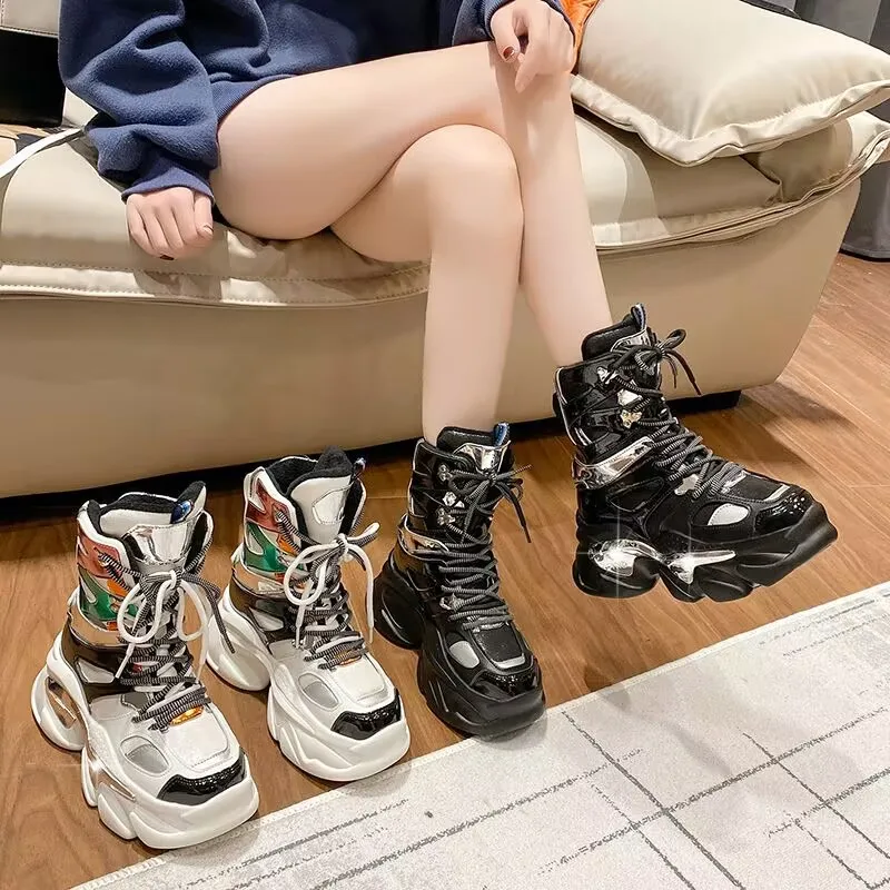 

Women Lace-Up Front High Top Flatform Shoes Fashion Casual Comfortable Height Increasing Sneakers RoseChain Womens Shoes zapatos