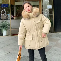 2024 Safari Style Parker Coat Women Winter Outdoor Cotton-padded Jacket High Quality Fur Collar Hooded Outerwear Loose Overcoat