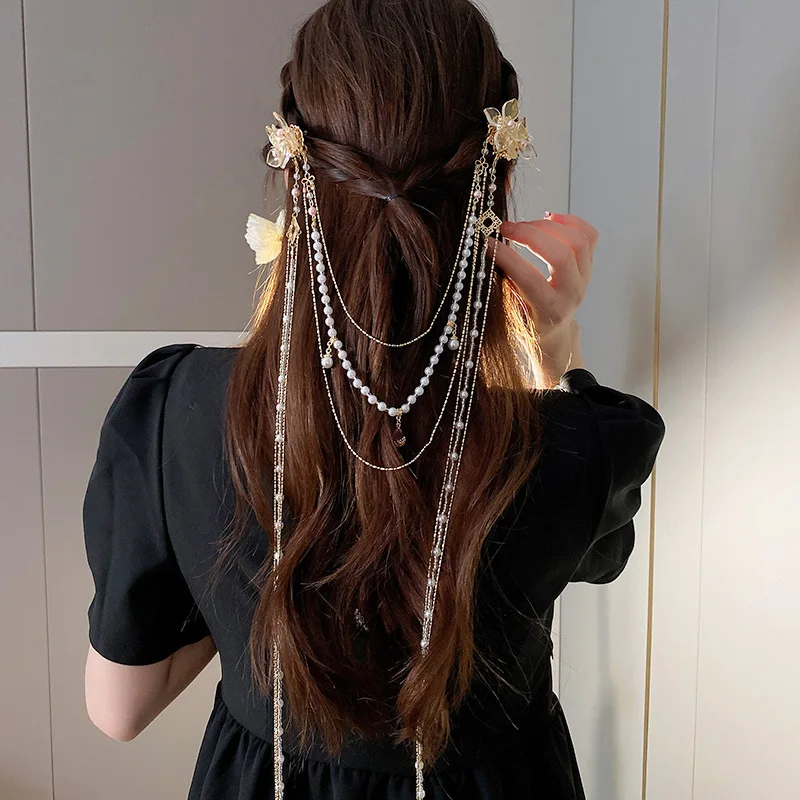 

Korean Yarn Elegant Flower Peal Rhinestone Long Tassel Hairpin Creative Wedding Hair Clip Hair Accessories