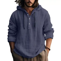 2025 nouveaux hommes blouse décontractée coton lin chemise hauts amples à manches longues t-shirt printemps automne décontracté hommes chemises à capuche 3