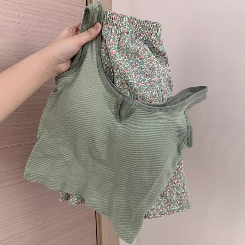1 Satz florale elastische Taille Pyjama Weste mit gepolsterten Brust Pyjama Hose Home Hose Sommer Set für Frauen – Detail 10